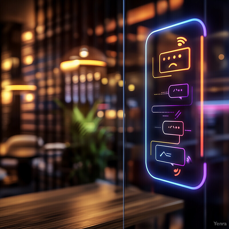 A neon sign featuring a phone screen with emojis and text bubbles in a dimly lit restaurant or bar.