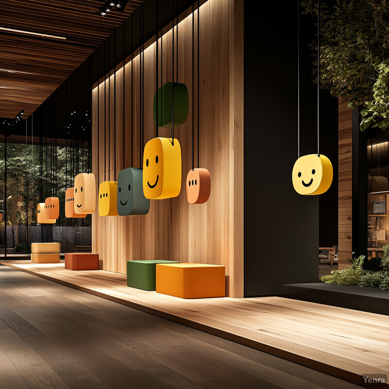 A modern interior space with a playful and whimsical decor featuring large yellow smiley faces.