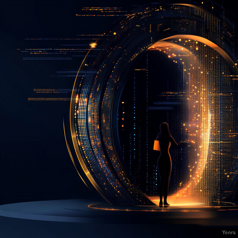 A woman stands in front of a glowing, circular portal with a sense of curiosity and caution.