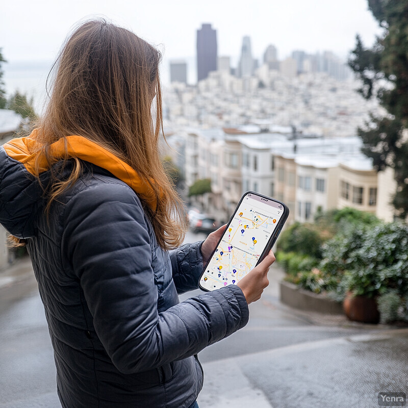 A woman is looking at her phone on a city street.