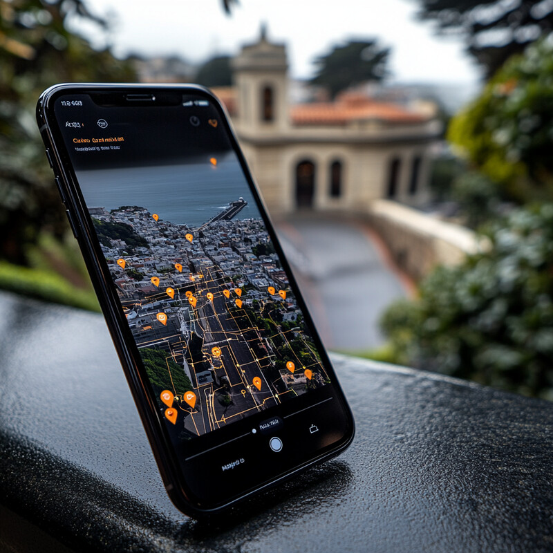 A smartphone displaying an aerial view of a city with location markers, likely taken outdoors.