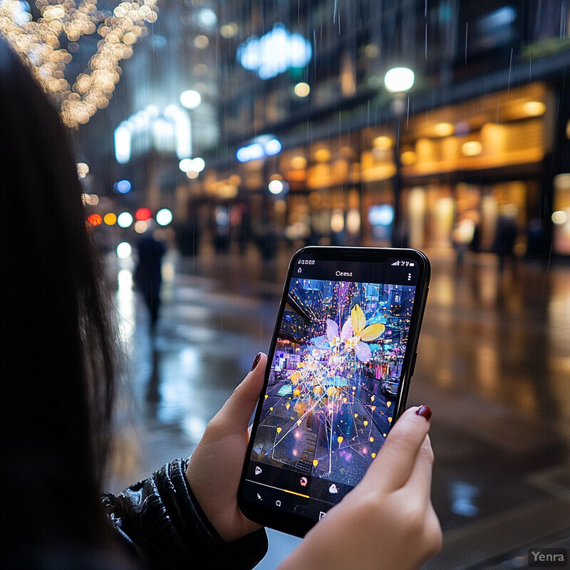 A woman uses an augmented reality app to display a virtual butterfly on her smartphone screen in a city street or mall at night.