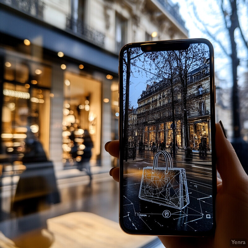 A hand holds a smartphone displaying an AR application with a white purse graphic and a city street background.