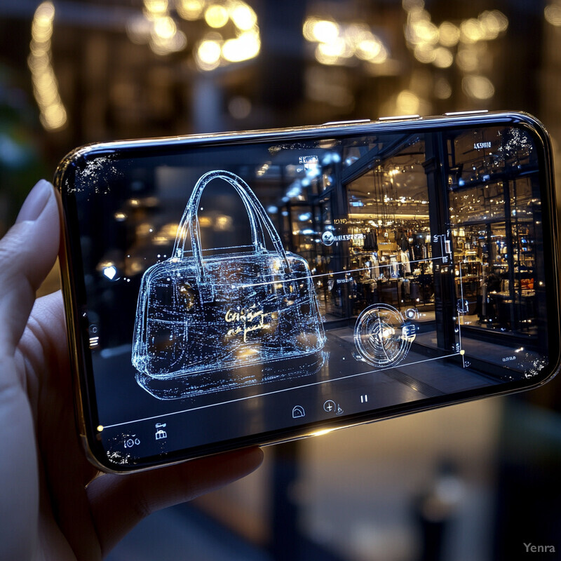 A hand holds a smartphone with an AR interface displaying a digital rendering of a purse.