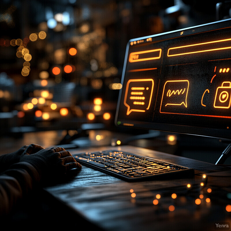 A person types on their computer keyboard, surrounded by icons and symbols on the monitor.