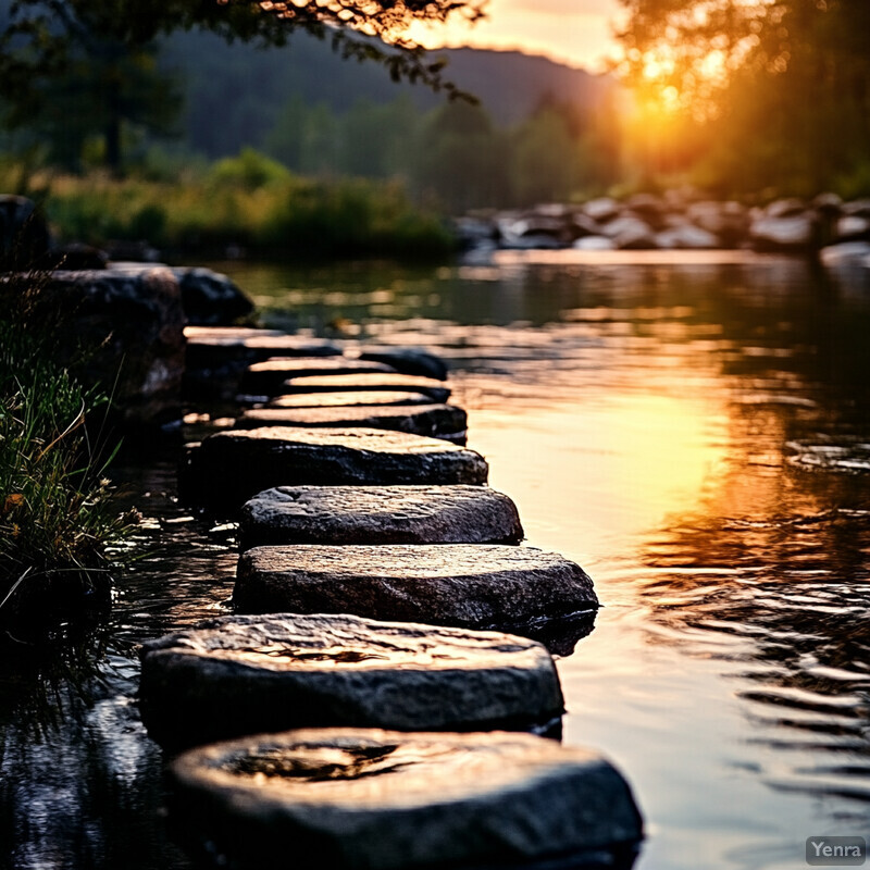 A serene and peaceful image of stepping stones crossing over a tranquil river or stream, surrounded by lush greenery.