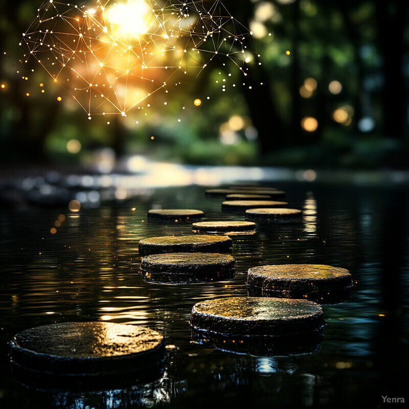 A peaceful scene of stepping stones in a body of water with a network diagram superimposed over it.