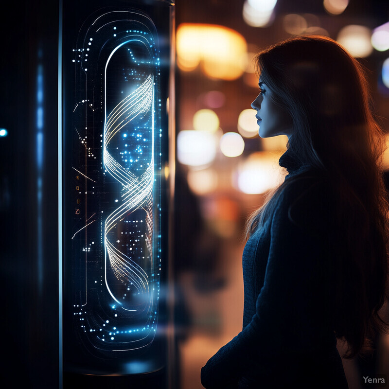 A woman stands in front of an illuminated display case, surrounded by soft lighting and subtle shadows.