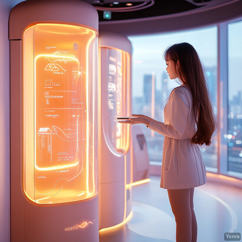 A woman stands in front of a futuristic display screen with an orange and pink interface.