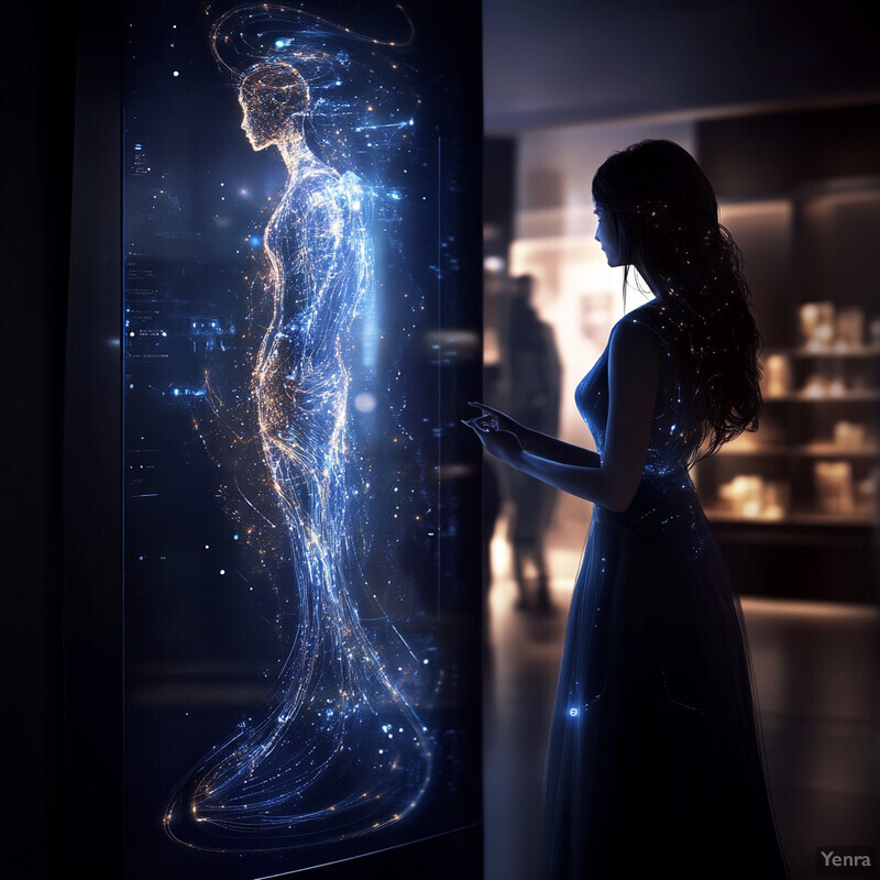 A woman stands in front of an interactive display screen, interacting with a futuristic-looking figure.