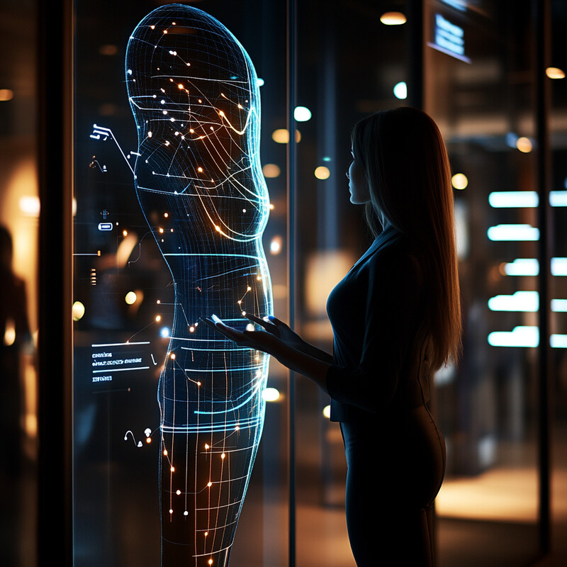 A woman interacts with a large screen displaying a 3D model of a human body in an office setting.