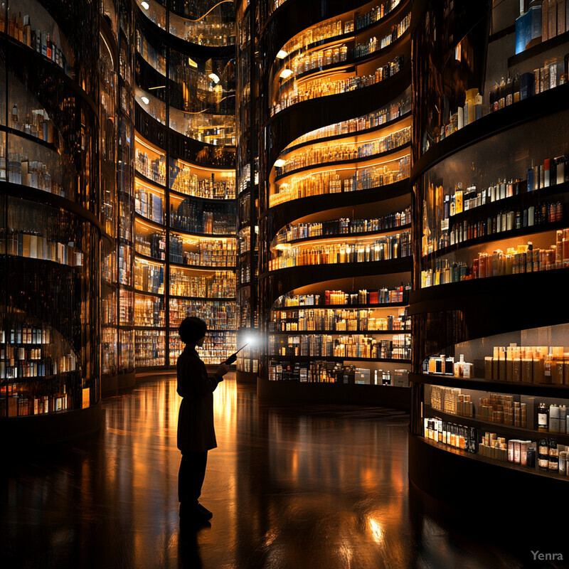 A person stands amidst an extensive library or archive, surrounded by rows of bookshelves stretching towards the ceiling.