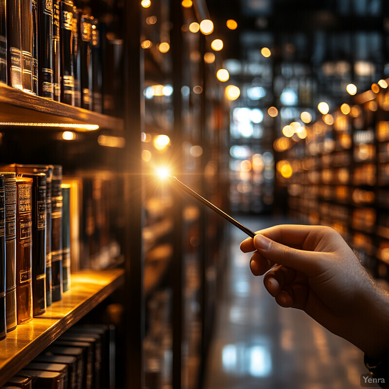 A dimly lit room with rows of bookshelves filled with leather-bound books and a hand holding a small, pointed object.