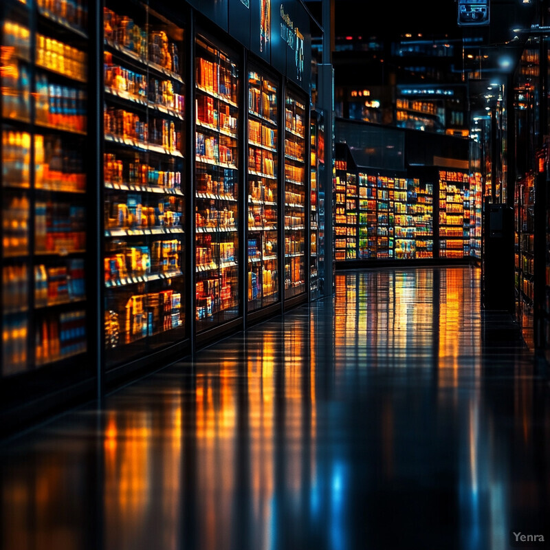 A dimly lit grocery store aisle with stocked shelves and a dark-colored floor.