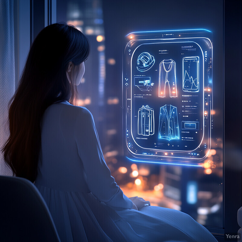 A woman sits comfortably in a chair by a window at night, gazing out at the softly lit cityscape.