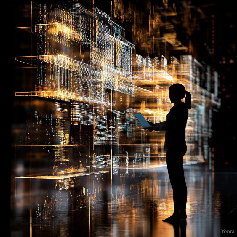 A woman stands in front of a large screen displaying data on inventory levels, holding a tablet and analyzing the information.