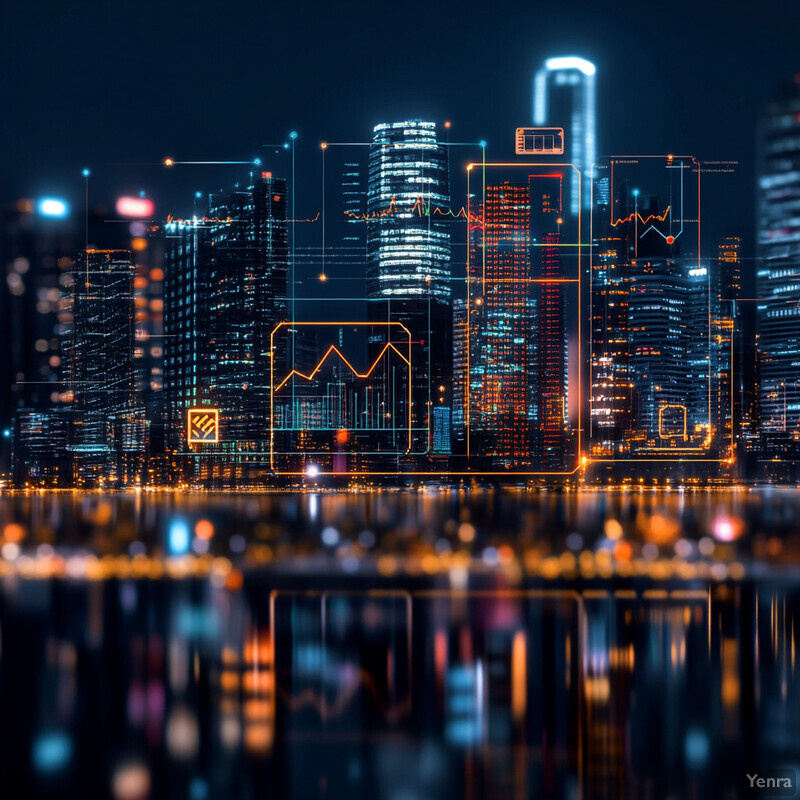 A cityscape at night, featuring tall skyscrapers and smaller buildings with neon lighting.