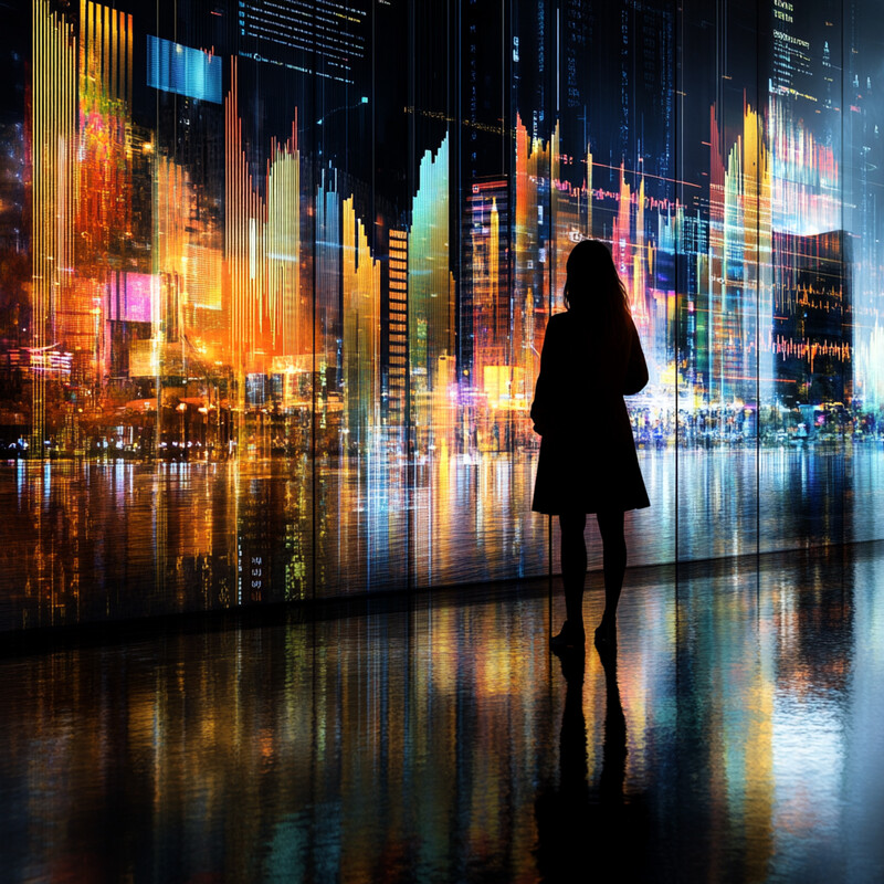 A woman stands in front of a wall of screens displaying real-time stock market data, gazing at the displays with concern.