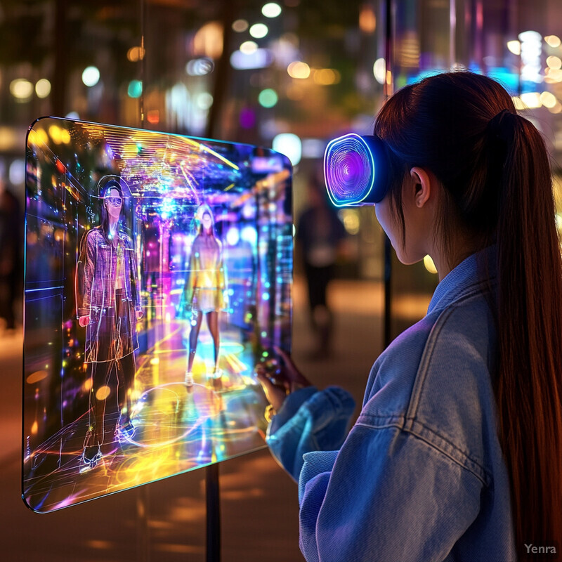 A woman interacts with an augmented reality display projected onto a transparent screen, highlighting the potential of virtual reality and augmented reality integration.