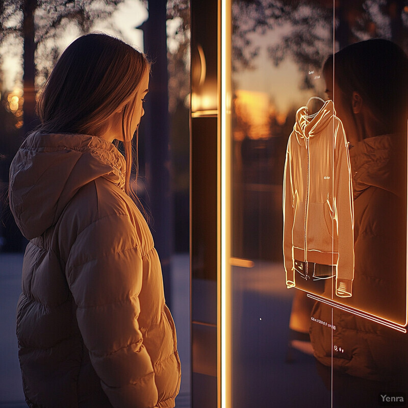 A woman tries on a hoodie and jeans using virtual try-on technology in an outdoor setting.