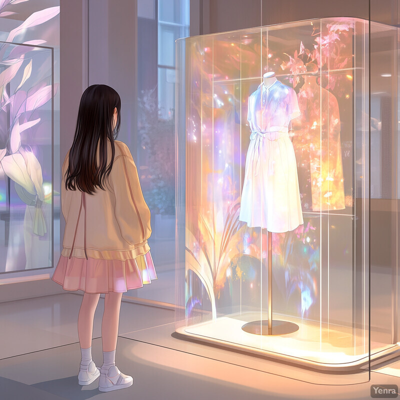 A young girl admires a white dress in a glass display case.