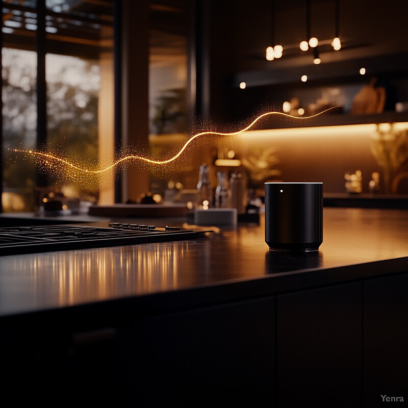 A modern kitchen with dark wood cabinets and countertops, featuring a central island and black cylindrical device.