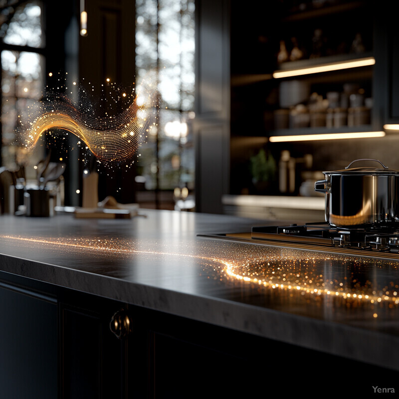 Modern kitchen with dark cabinets and countertops.