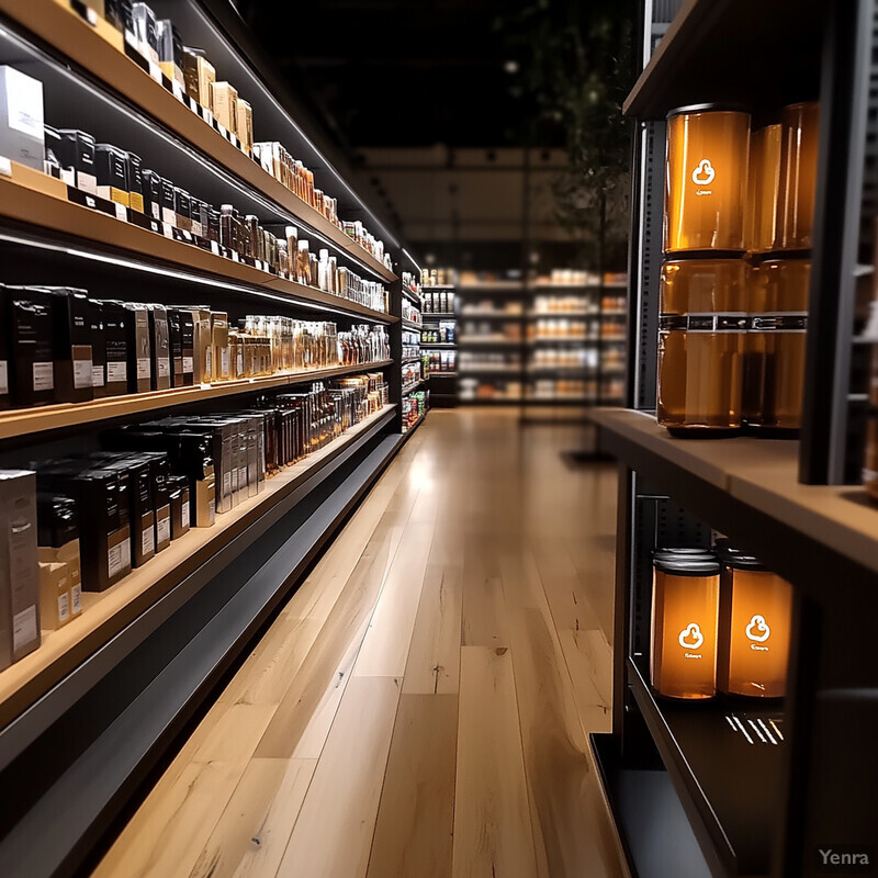 A store aisle with shelves stocked with various products.