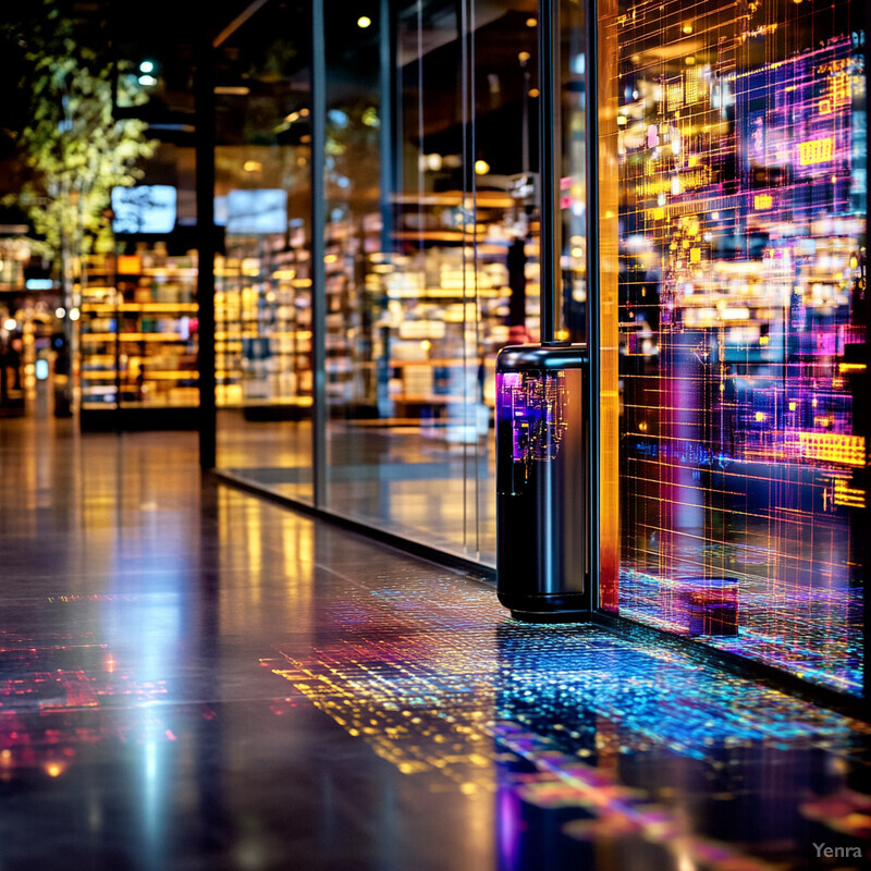 A black trash can sits outside an electronics store with glass windows reflecting lights and colors.