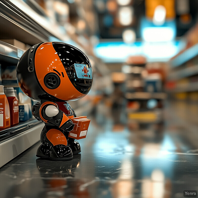 A small robot stands on a shelf in a grocery store, scanning products.