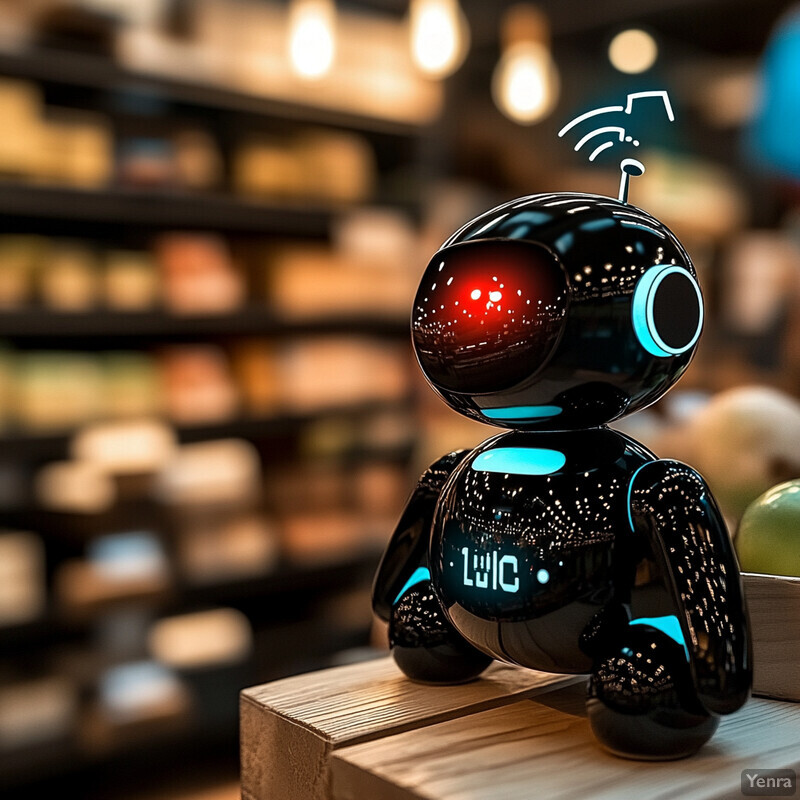 A small black robot sits on a wooden surface in an indoor setting.