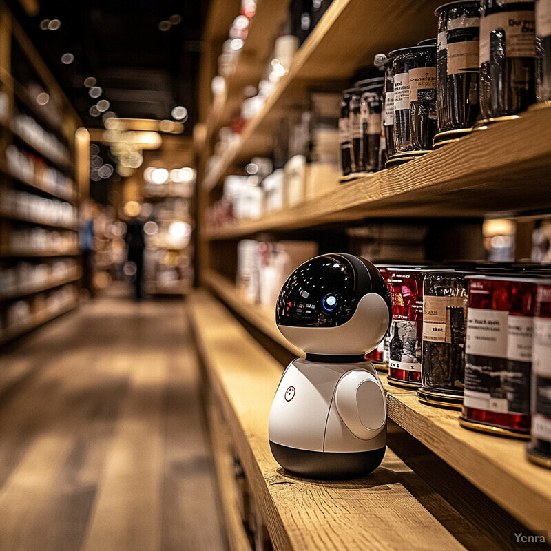 A small robot sits on a wooden shelf in a store, surrounded by various products.