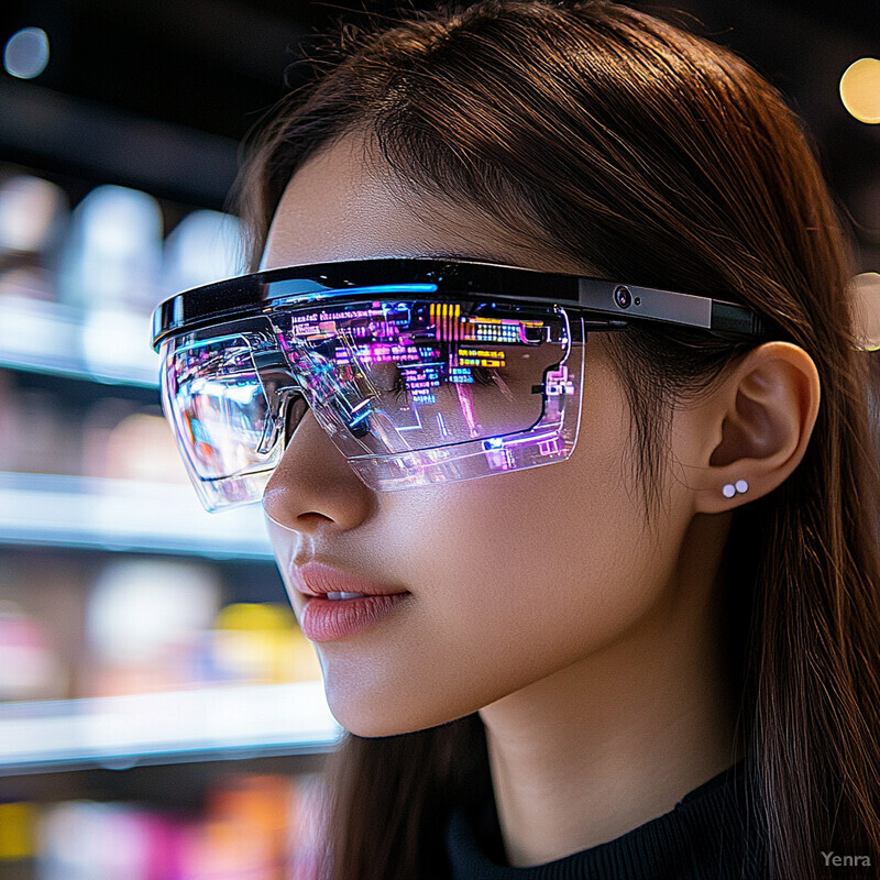 A woman wearing futuristic-looking glasses in an indoor setting.