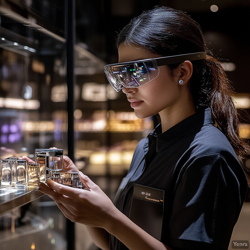 A woman wearing augmented reality glasses examines small glass containers on a shelf.