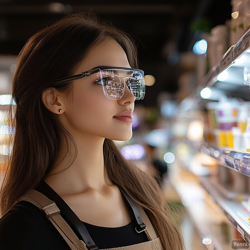 A woman wearing AR Insights for Staff glasses in a retail store or warehouse setting.