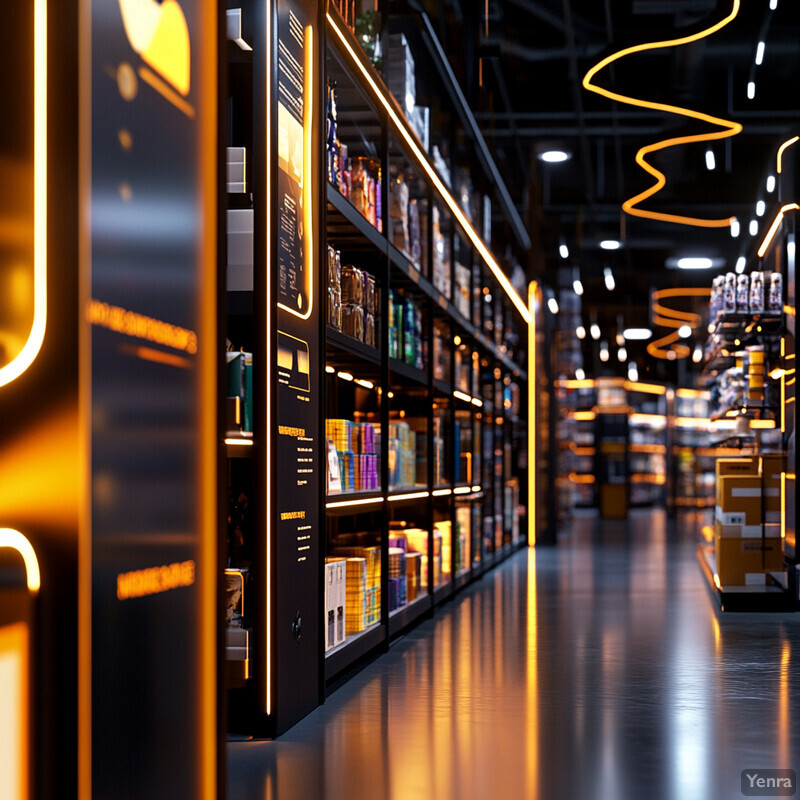 An empty retail store aisle with shelves lined with products and yellow lighting.