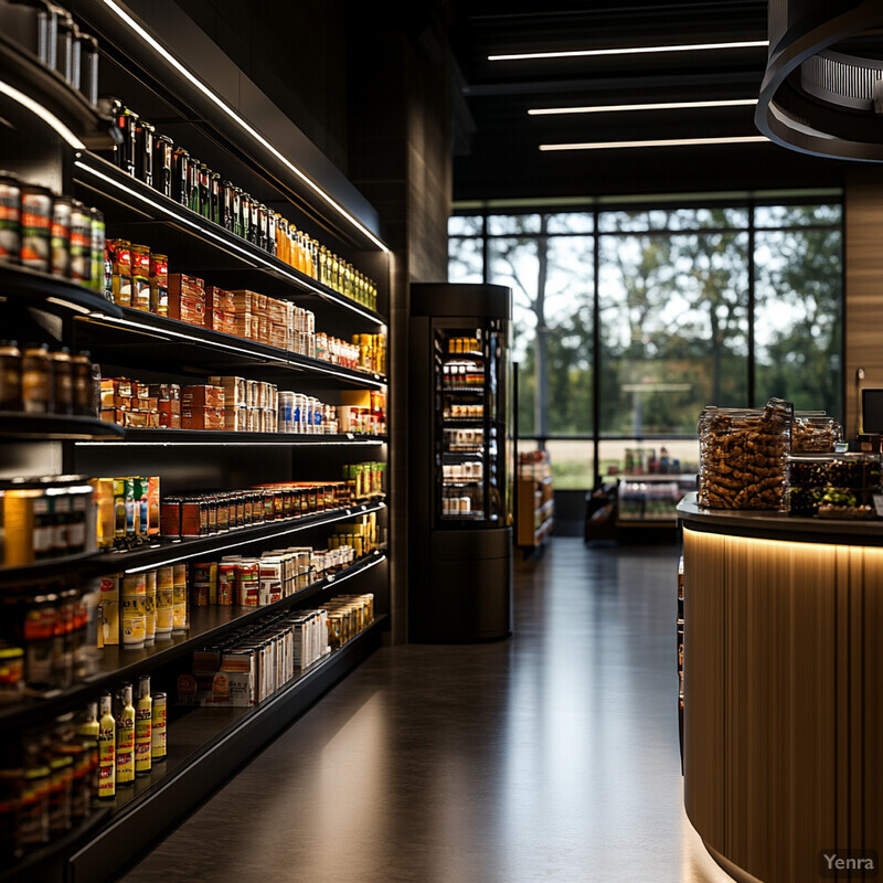 A modern grocery store with black shelving units and light-brown flooring, featuring various products and a curved wooden counter.