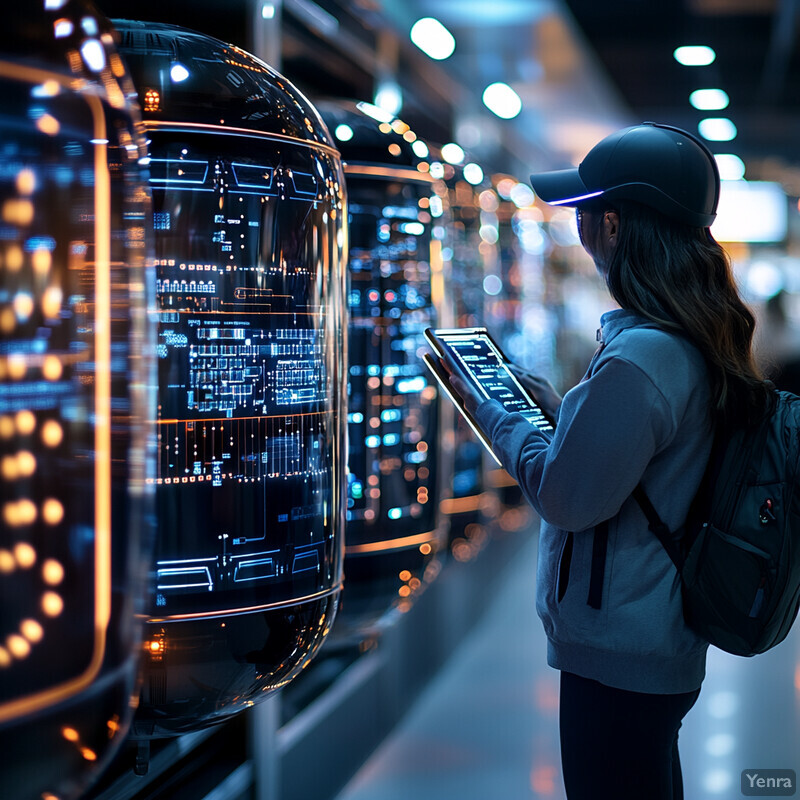 A woman stands in front of a large screen displaying various data and graphs.