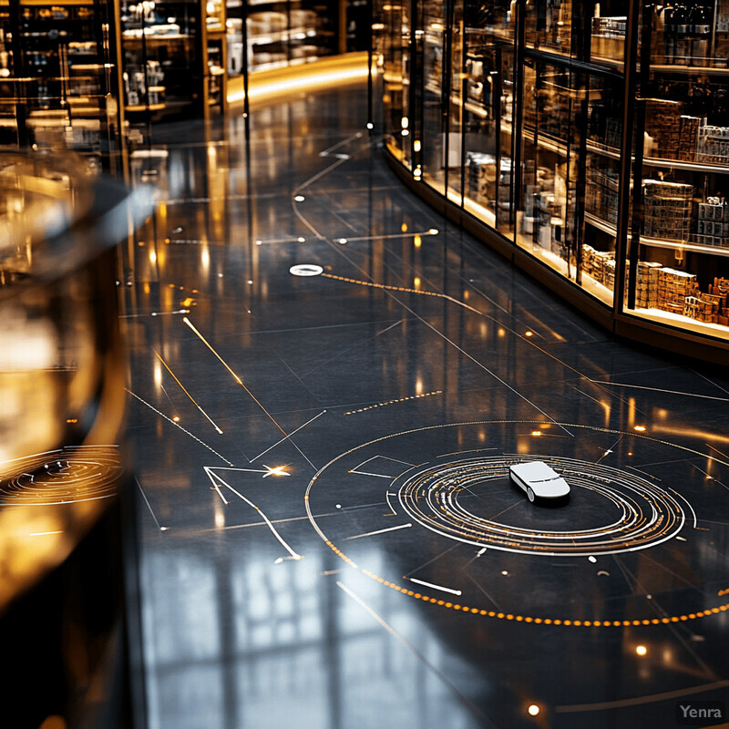 A futuristic room with a dynamic route optimization graphic on the floor and glass cabinets in the background.