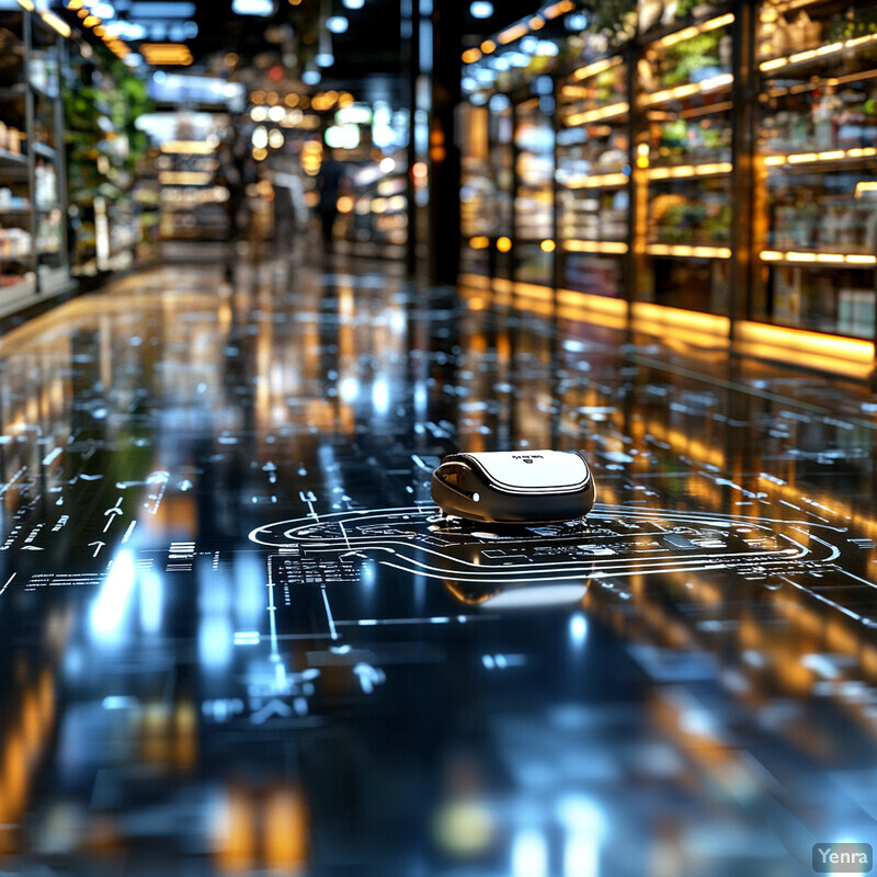 A modern device sits on a futuristic floor in a well-lit room.