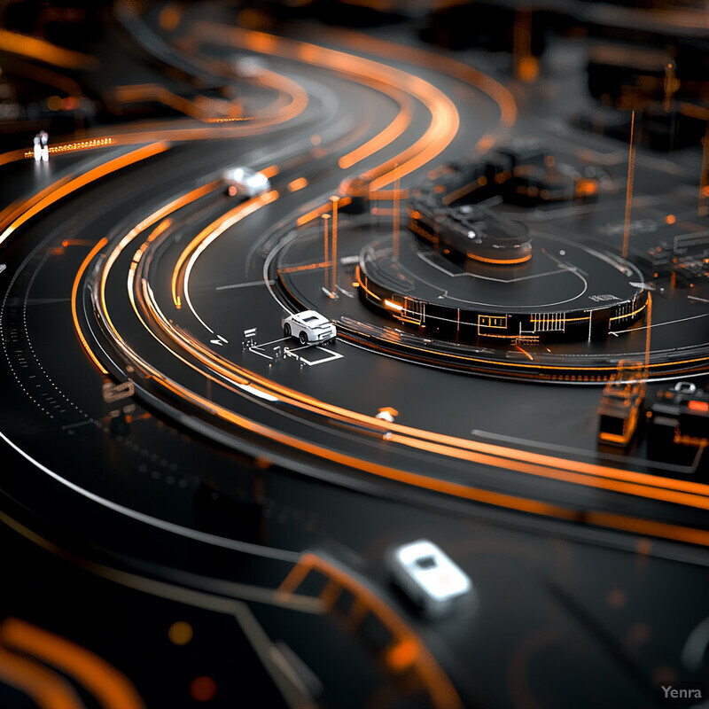 Dynamic route optimization system with glowing orange lines indicating traffic flow and several cars moving in different directions.