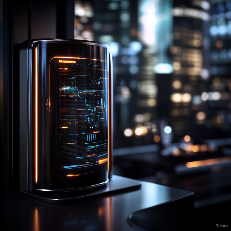 An energy and maintenance optimization device with a sleek and modern design is situated in front of a window overlooking a cityscape at night.