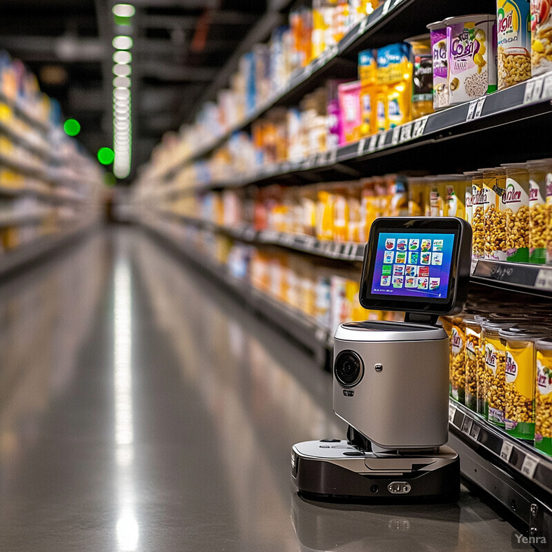 An autonomous robot is seen in a grocery store aisle, surrounded by shelves of food products.