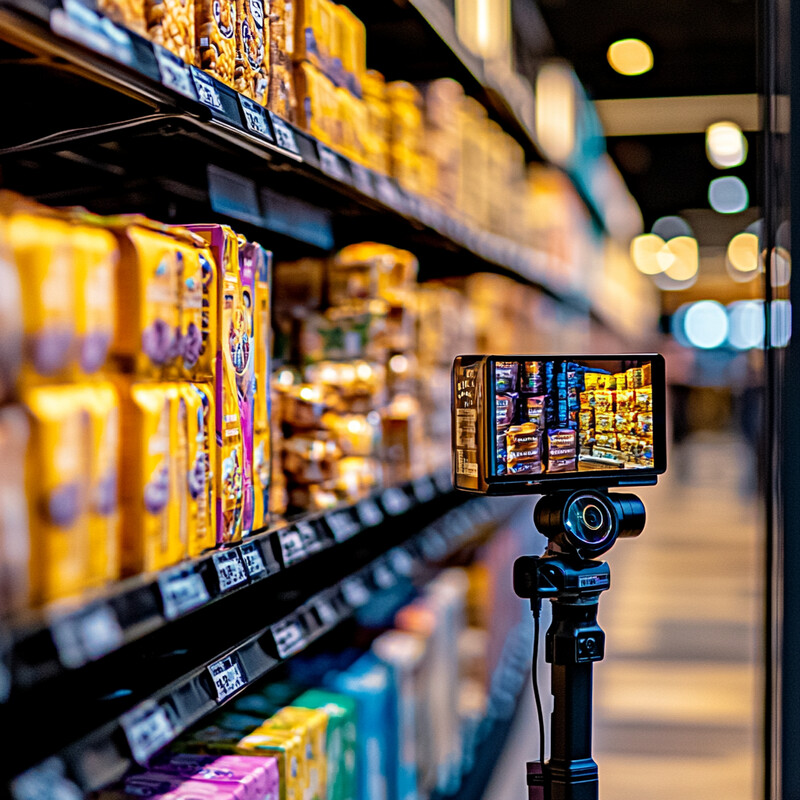 A smartphone is mounted on a tripod to capture a close-up shot of cereal boxes in a grocery store aisle.