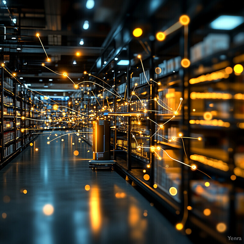 A dimly lit warehouse with rows of shelving units stocked with boxes and crates.