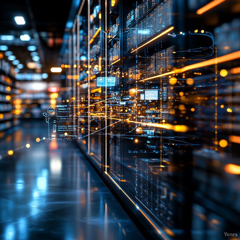 A large room with rows of shelves and racks, likely used for data storage or server management.