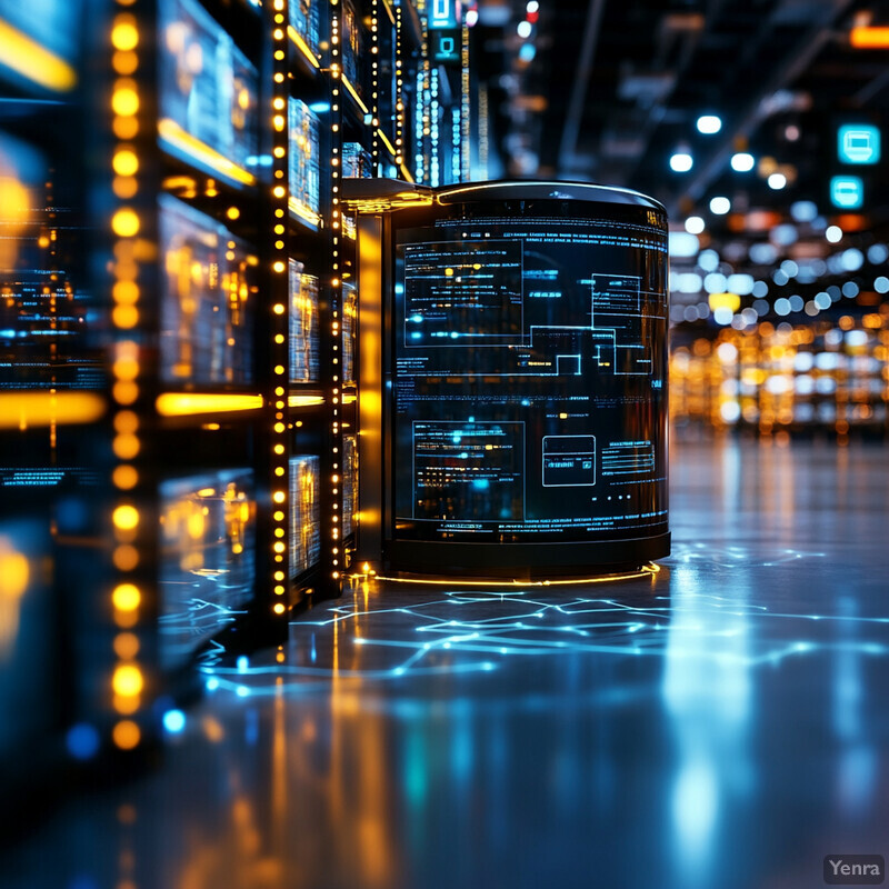 A futuristic server room with a central cylindrical object surrounded by rows of servers and lights.