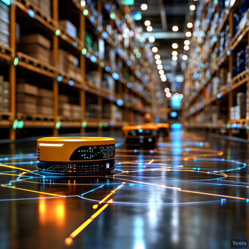 Two robots navigate through a warehouse setting, highlighting the integration of automation in logistics and inventory management.