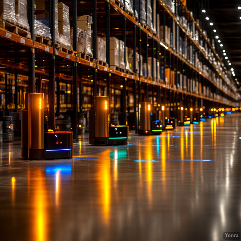 A large warehouse with rows of shelves stocked with boxes and other items, featuring robots navigating the floor.