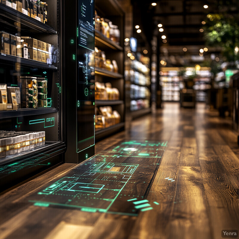 A grocery store aisle with shelves stocked with various products and a brown-colored floor.